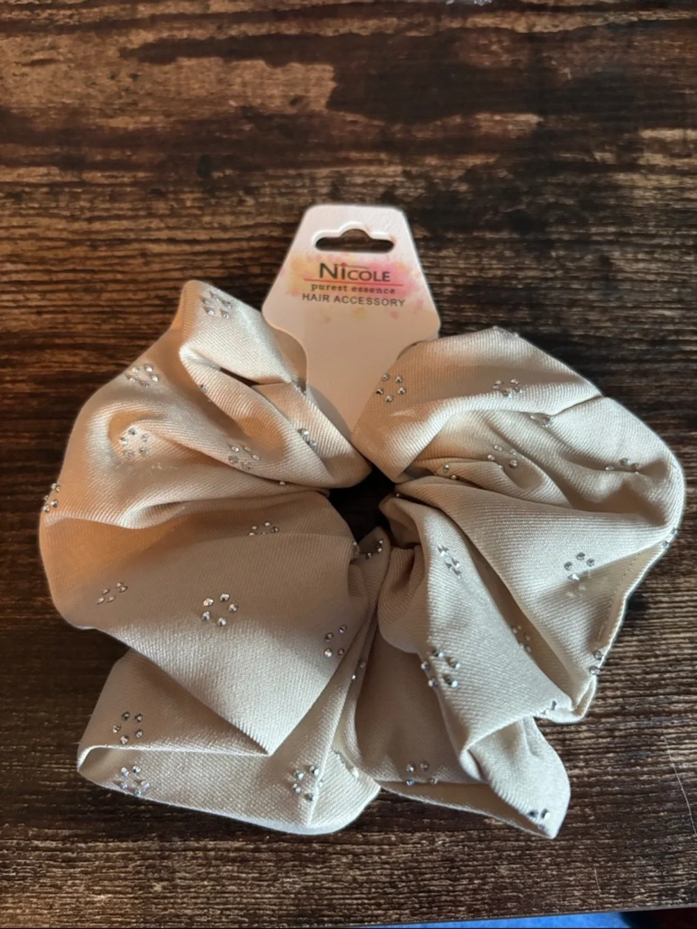 Large‎ Cream Satin Rhinestone Scrunchie